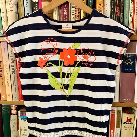 Hanna Andersson Blue White Striped Orange Flowers Drop Waist Cotton Dress 150 12 - Picture 2 of 8